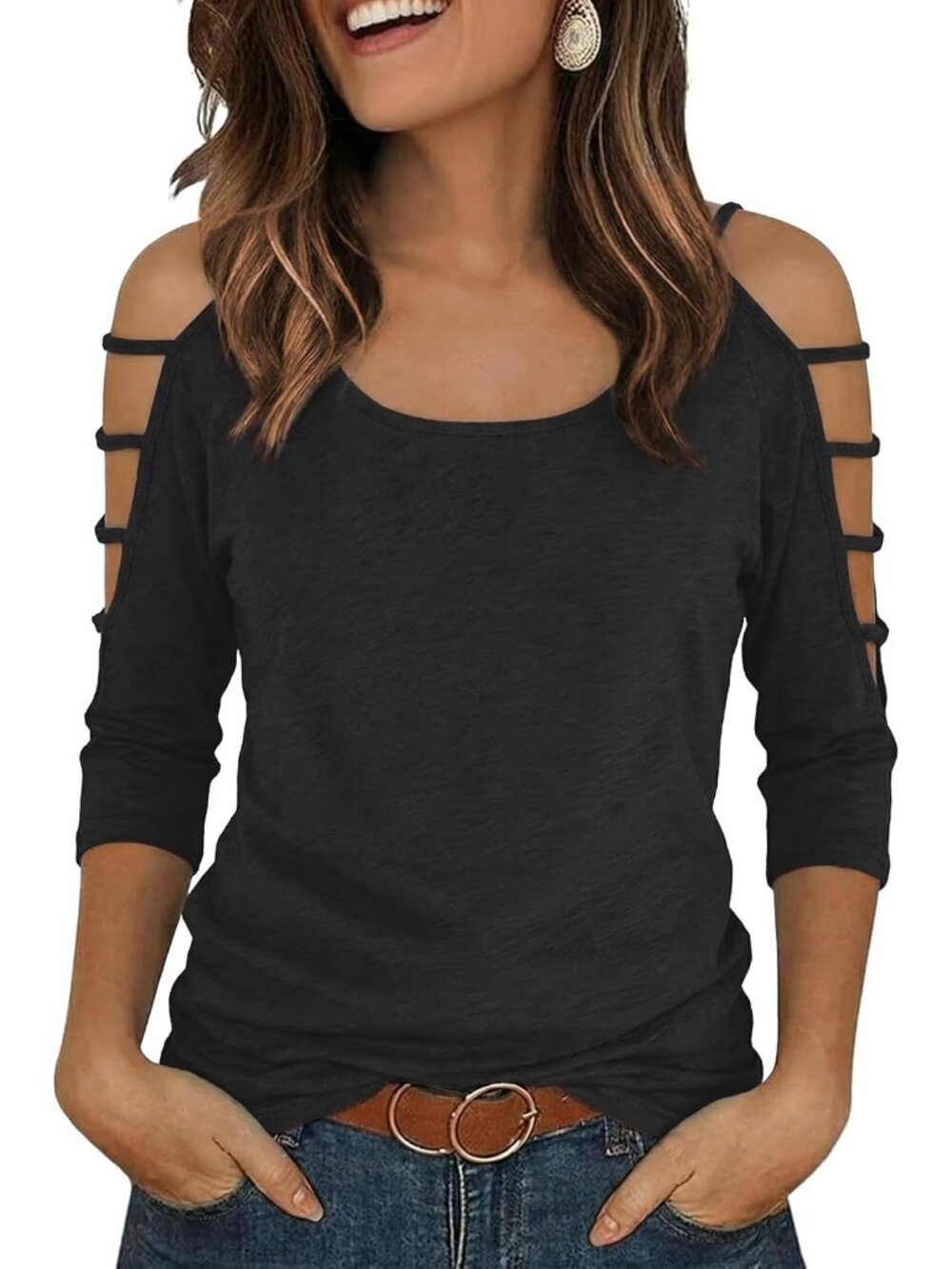 Women's Black Scoop Neck Cold Shoulder Tops Sleeve Casual Trendy Tunic T Shirts
